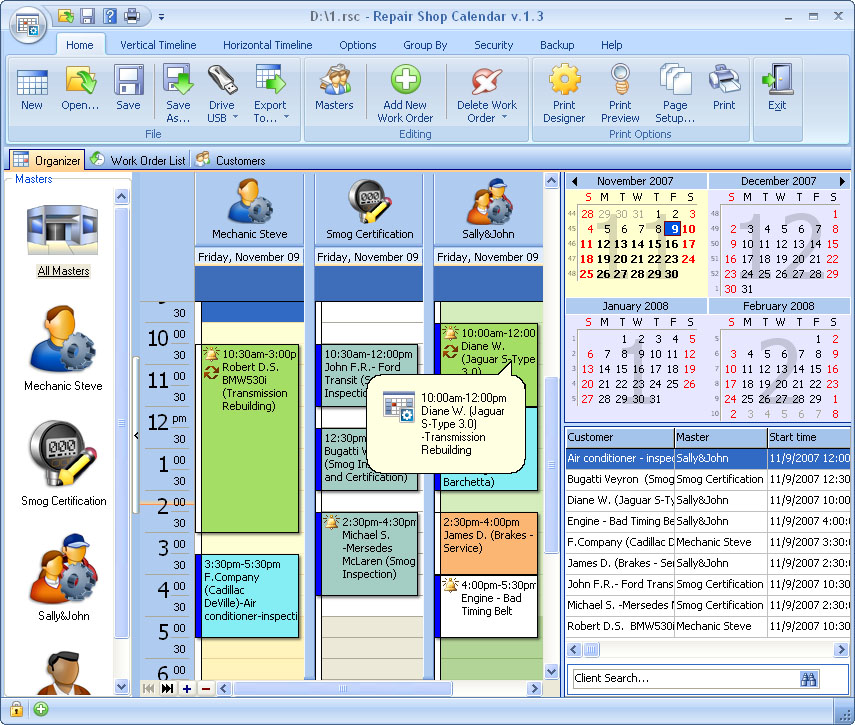 Repair Shop Calendar for Workgroup screen shot