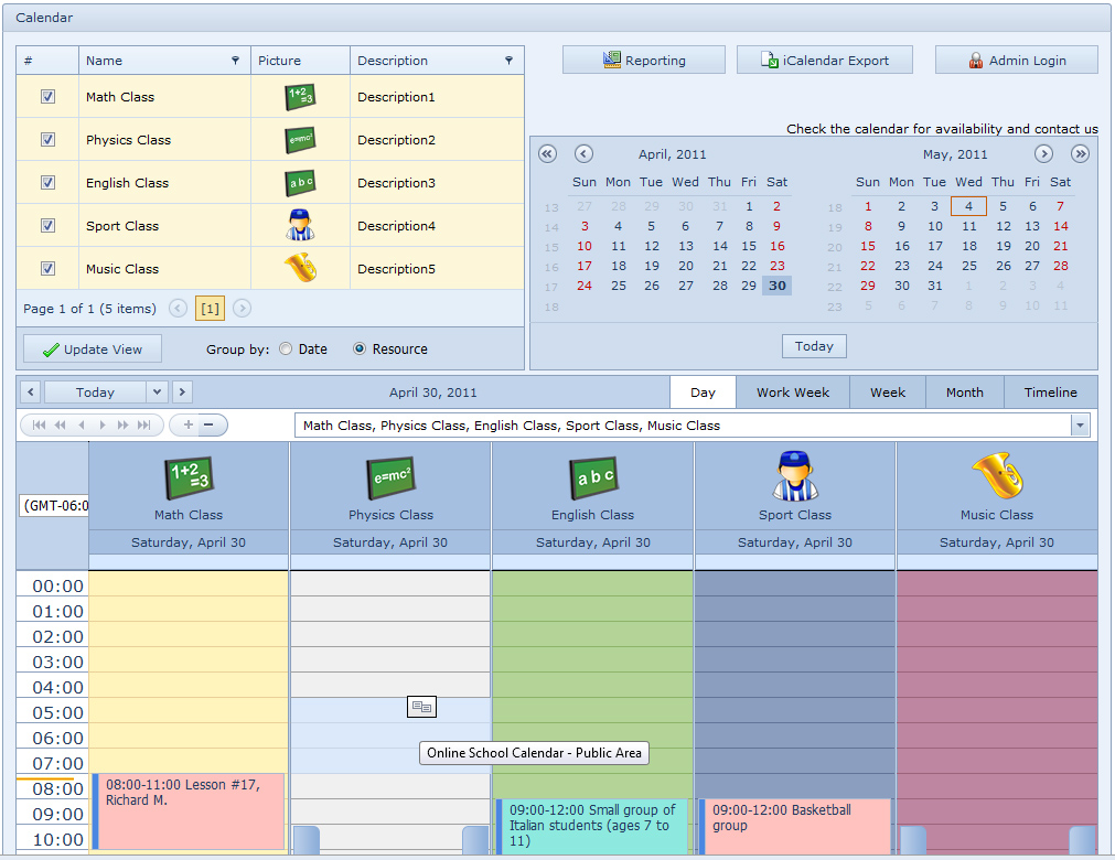 School Calendar for Workgroup